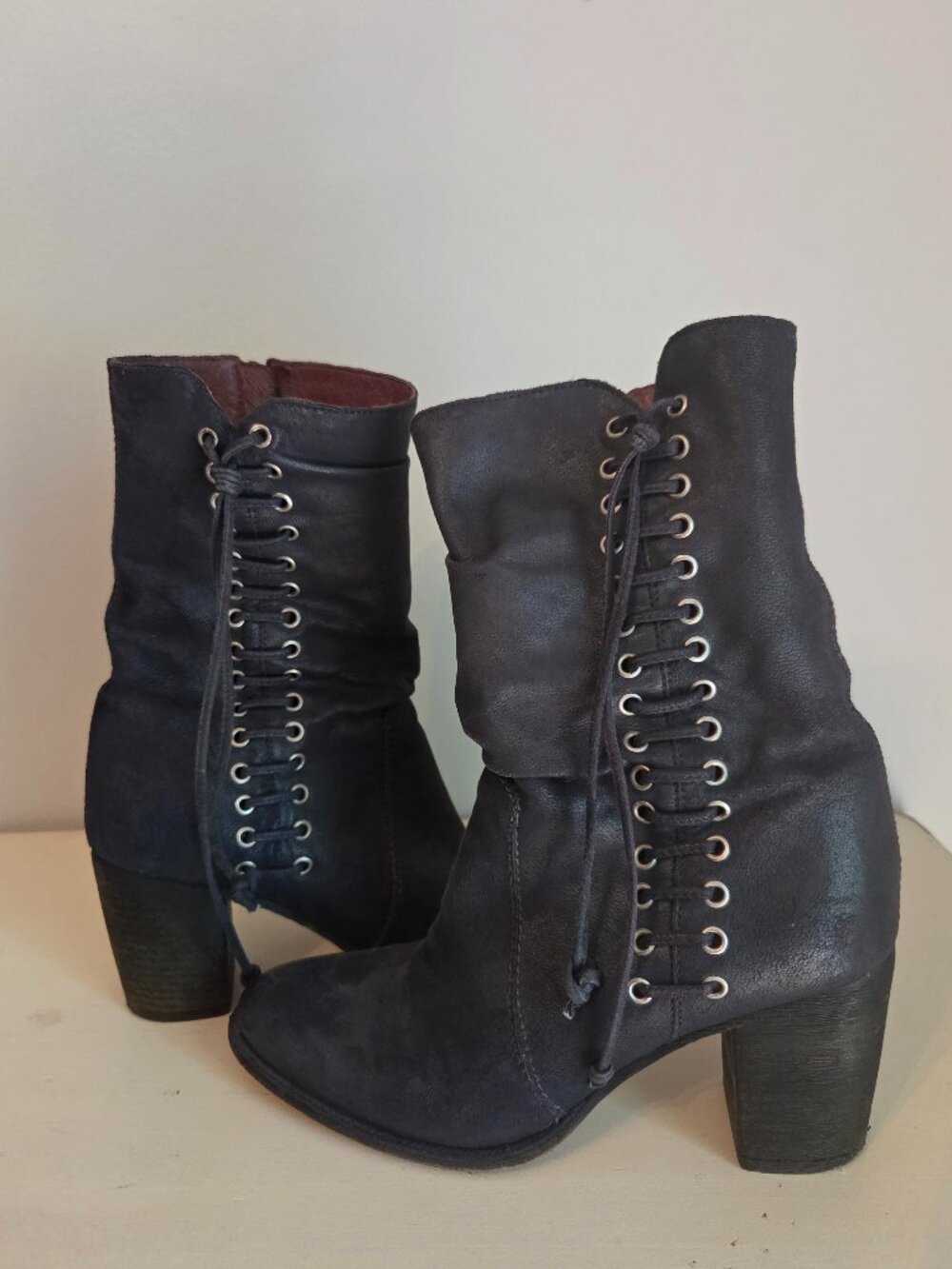Bernardo leather corset lace up mid-calf boots, gray, size 6M